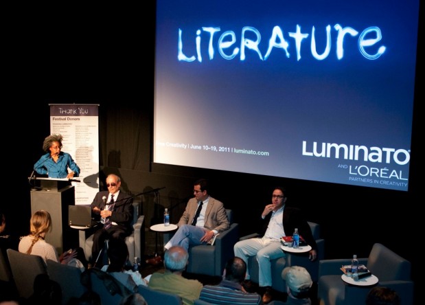 John Asfour and other award-winning poets discussing the art of translation at Luminato, an evening of onstage readings
